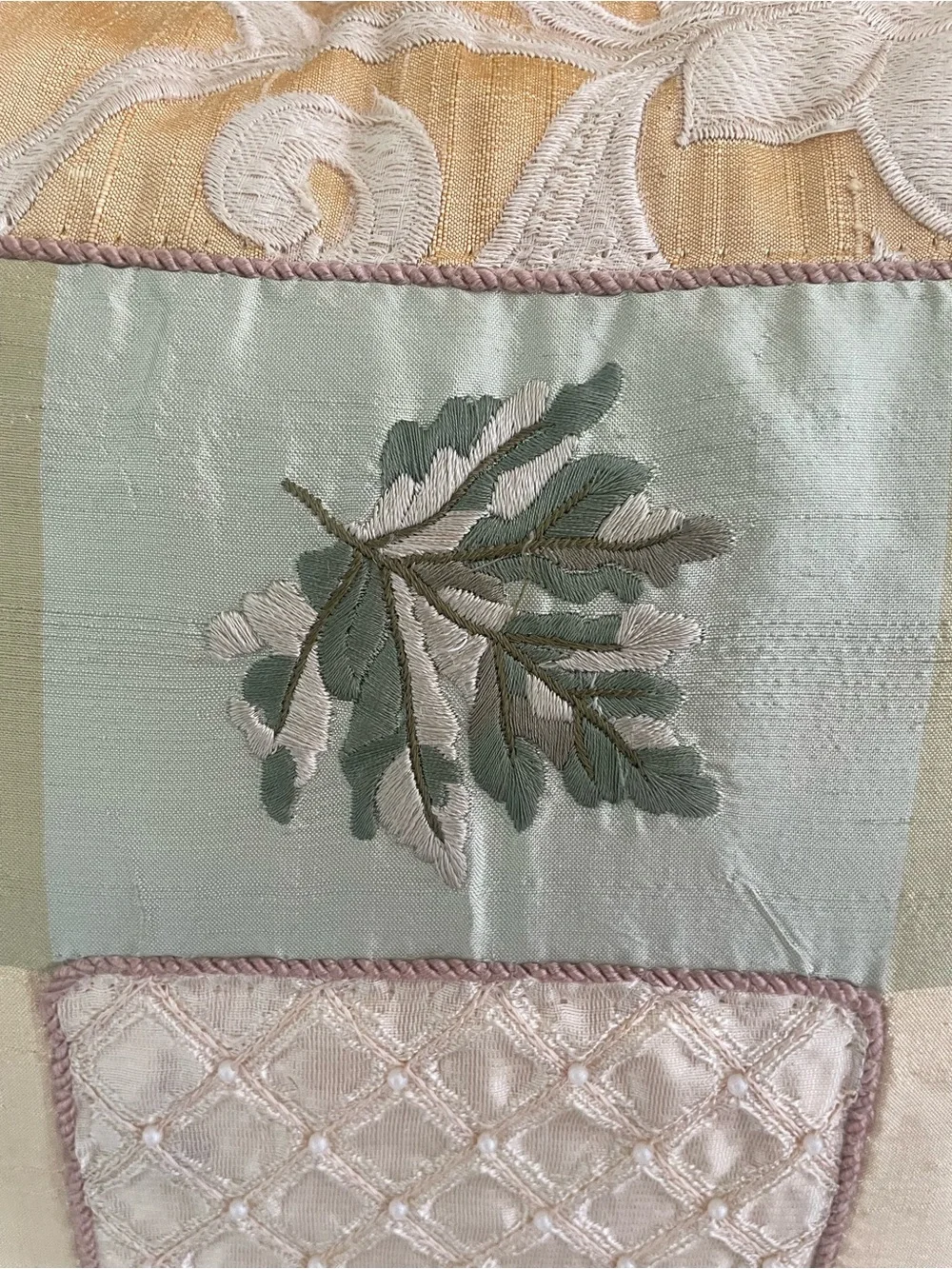 15” square  Green and Gold Embroidered Throw Pillow with tassels trim, zipper
